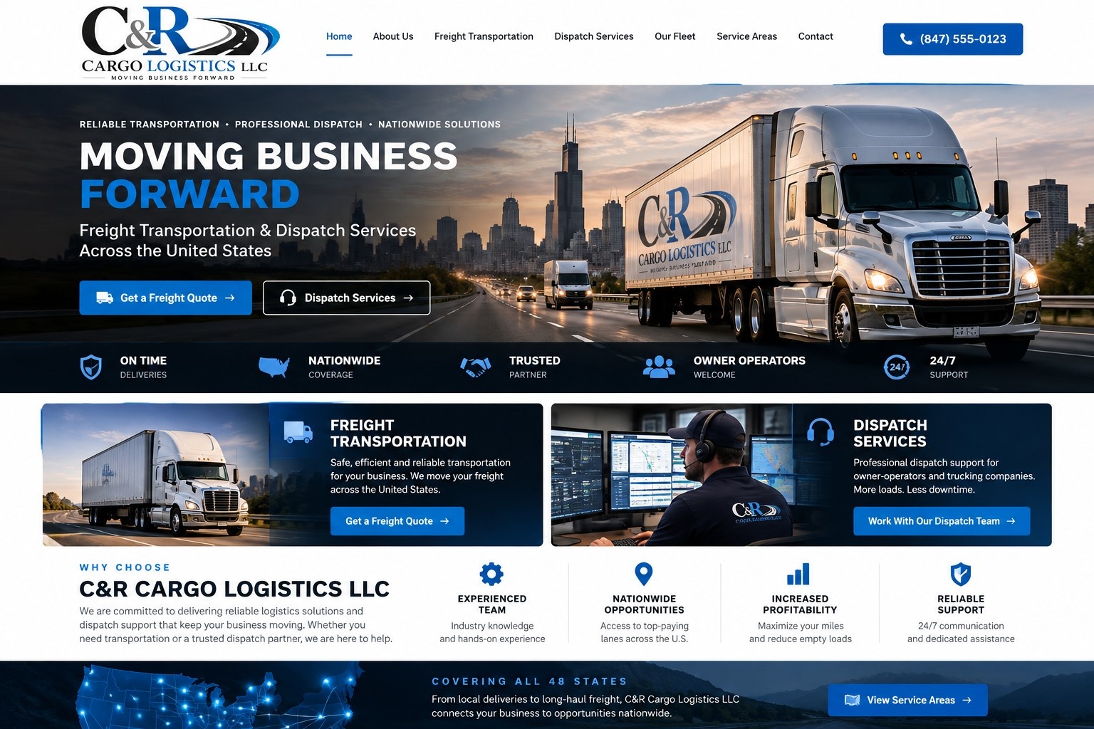 C&R Cargo Logistics website visual design with Freightliner and dispatcher